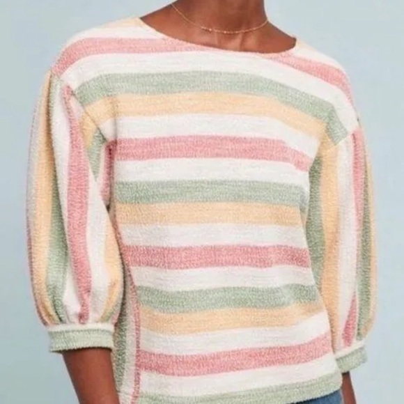 Anthropologie Current Air Abilene‎ Striped Boxy Rainbow Balloon Sleeve Top - Picture 1 of 10